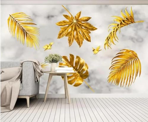 Papier peint mural 3d feuilles d'or pour masquer un mur abîmé de salon