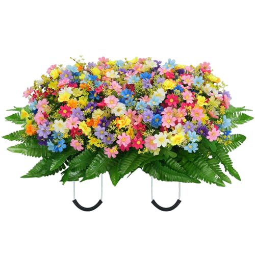 Headstone Flower Saddle Decorations: Spring Cemetery Flowers for Grave Easter Memorial Day - Colorful Artificial Wildflowers for Outdoors Tombstone Gravestone Decor image 4
