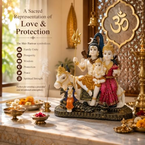 Image of ARMONIA Premium 14 Inch Shiva Parvati Ganesh Idol Shiv Parivar Murti Statue | Polystone Mahadev with Golden Detailing | Best for Pooja, Mandir, Wedding & Housewarming Gift (Including Cleaning Cloth)