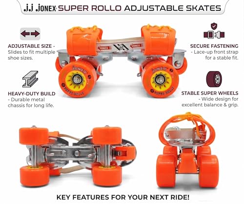 Image of Jonex Unisex Super Rollo Adjustable Quad Roller Skates for Youth and Adult (7-18 Years), Indoor Outdoor Wheels, Metal Body, 65 mm Wheels, Color - Red