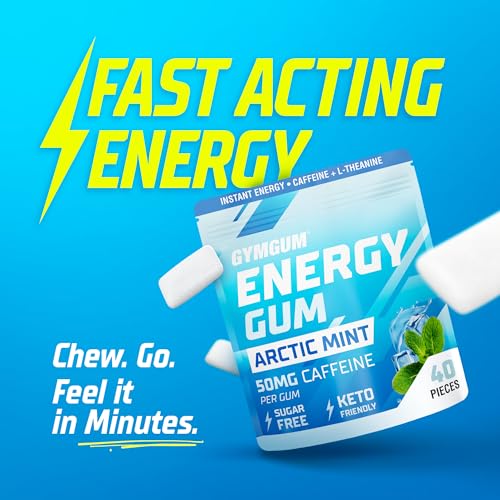 GYMGUM Energy Caffeine Gum | 50mg Caffeine | Sugar-Free, Keto-Friendly | Fast-Acting Energy & Focus Gum with Guarana & L-Theanine (40 Count, Arctic Mint)
