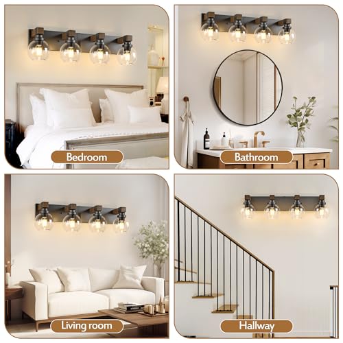 Image of LmnLvn Bathroom Light Fixtures, Farmhouse Wood & Metal with Globe Glass