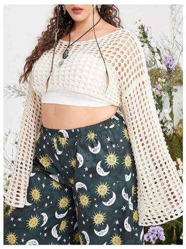 Women's Plus Size Hollow Out Crop Sweaters Long Sleeve Boat Neck Crochet Tops Cover Up4
