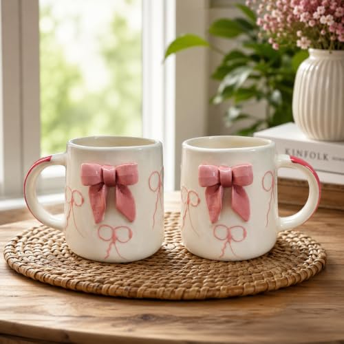 Image of Niyara Stoneware Handmade Premium Ceramic Tea Cups and Coffee Mugs Set of 2 (Ribbon Design)