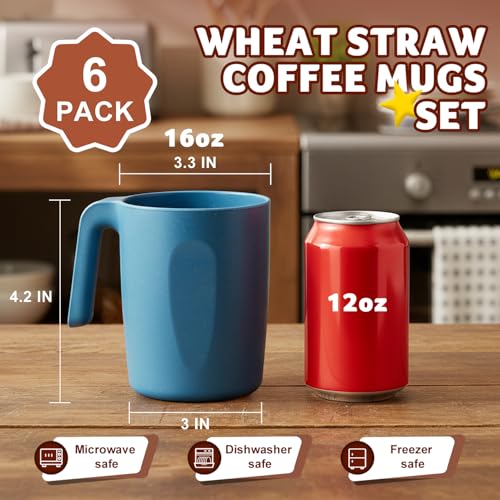 Image of 16 OZ Wheat Straw Cups Set of 6, Unbreakable Coffee Mugs, Colorful