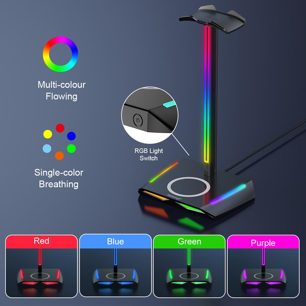 Feegar Hold RGB Kopfhörer Ständer mit Wireless Ladegerät,Gaming-Headset-ständer Headset Halterung Wireless Charge Kopfhörer Halter mit 1*USB 2*Typ-C 11 Lighting Effects Modes