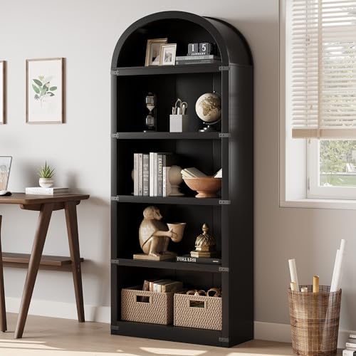 GarveeHome Bookcase 5 Shelf Arched Bookshelf 71.65in Tall Bookcase Farmhouse Display Storage Rack Wooden Bookshelves for Home Office, Living Room