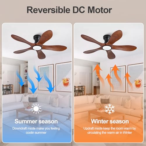 Image of 42 Inch Flush Mount Ceiling Fans with Lights and Remote, Dimmable 5 Blade Wood Outdoor Ceiling Fan Outdoor Fans for Patios Low Profile Modern Ceiling Fan with Light for Bedroom Living Room