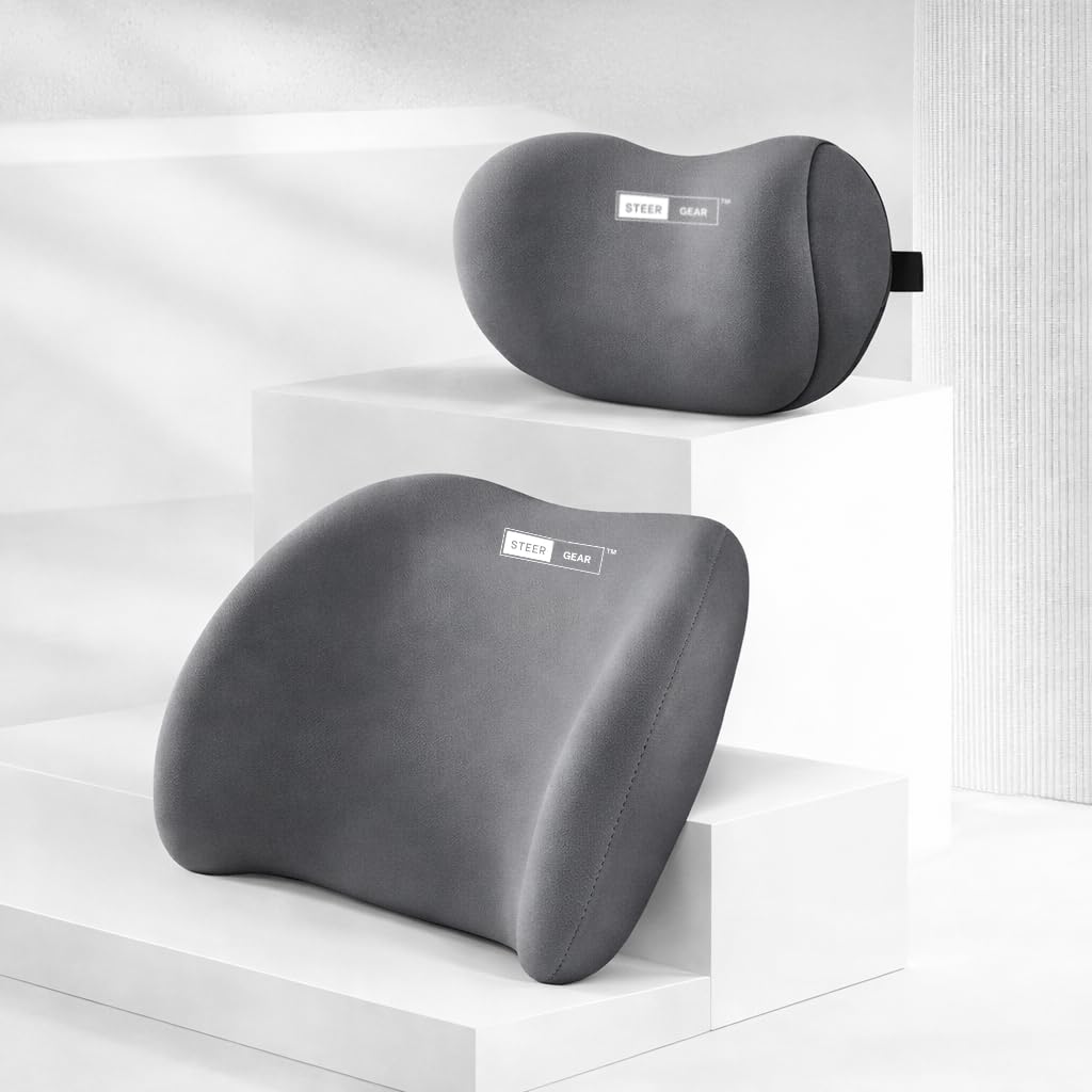 Car Lumbar Support Pillow and Car Neck Pillow Kit, Ergonomic Car Seat Headrest & Lumbar Cushion with Adjustable Strap for Long Travel Neck Back Pain Relief (Grey)-image-20
