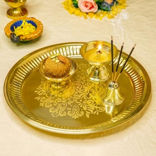 Image of Ekhasa 100% Pure Brass Pooja Thali Set | Puja Thali Set for Home Or Gifting | Brass Aarti Thali for Pooja, Mandir, Wedding, Festivals | Pital Pooja Set Items for Home Decorative | Peetal Plate