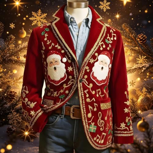 Men Christmas Santa Embroidery Blazer Corduroy Notched Lapel Suit Jacket - image 4