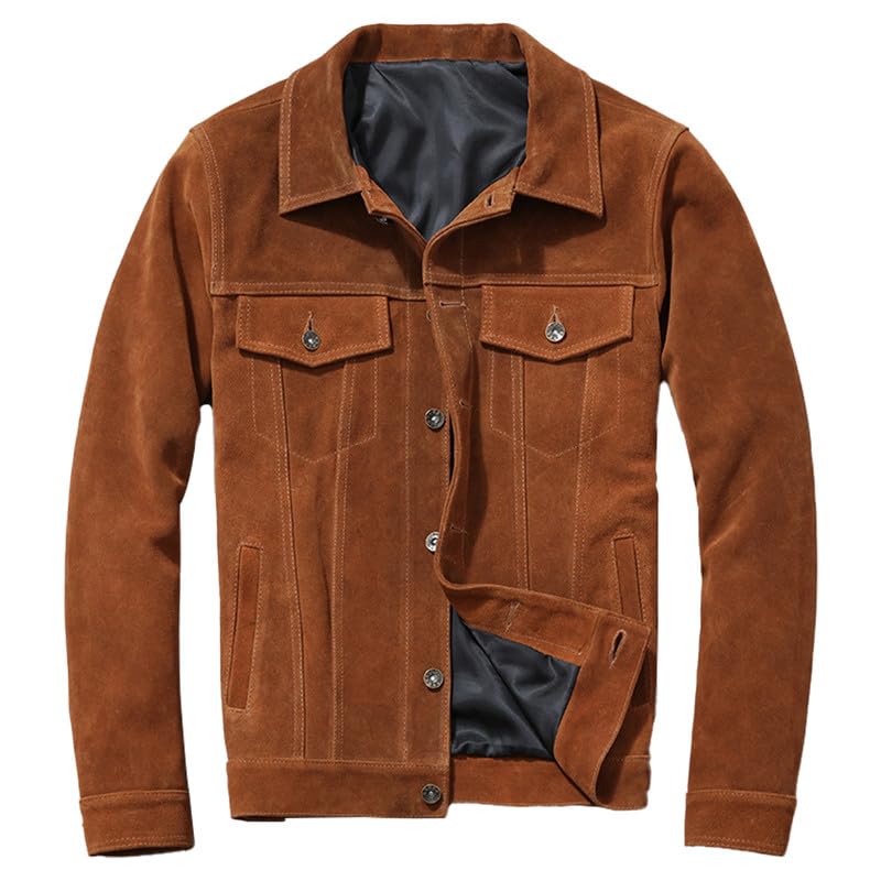 Mens Suede Trucker Jacket - Genuine Brown Leather Western-Inspired Fashion Casual Classic Jackets for Men