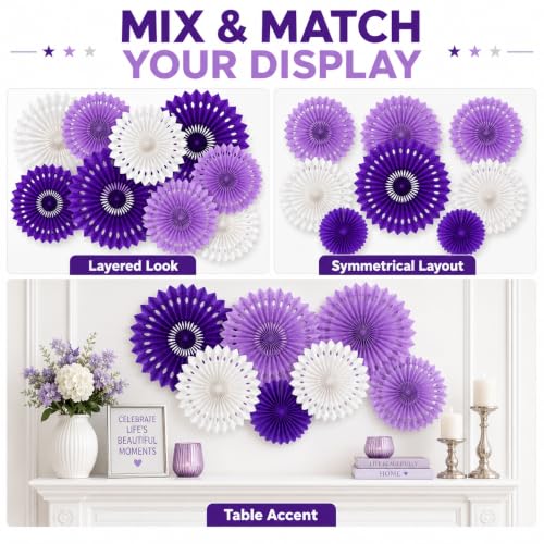 Image of Purple White Hanging Honeycomb Round Paper Fans Halloween Decoration Kit for Baby Boy Shower Birthday Wedding Under The Purple Theme Photo Booth Backdrops Paper Party Supplies 11 Count