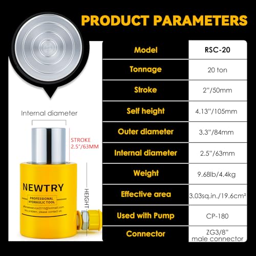 Image of NEWTRY 20 ton Hydraulic Ram Jack Cylinder and CP-180 Hand Hydraulic Pump Short Type 2 inch Stroke Porta Power Ram (20 ton Jack+ Manual Pump)