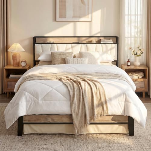 Image of LIKIMIO California King Bed Frames, Boucle Storage Headboard with Charging Station, Solid and Stable, Noise Free, No Box Spring Needed, Easy Assembly