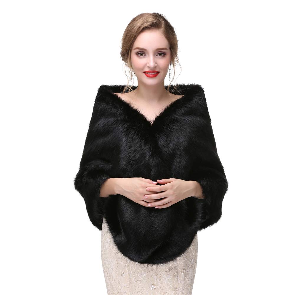 Chal Boda Mujer Pelo Sintético Invierno Estola Capa para Fiesta Novia Bodas Negro