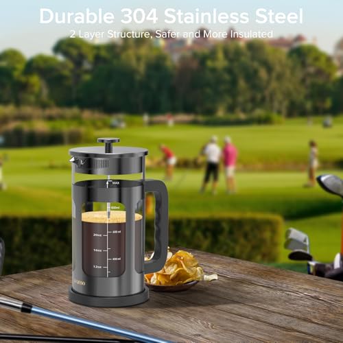 QUQIYSO French Press Coffee Maker 34oz 304 Stainless Steel French Press with 4 Filter, Heat Resistant Durable, Easy to Clean, Borosilicate Glass Coffee Press, 100% BPA Free Glass Teapot, Dark Pewter