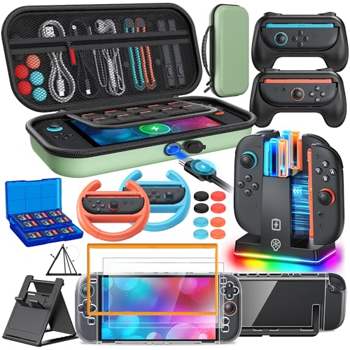 Image of Switch 2 Accessories, [Charge Inside]Case Bundle for Nintendo Switch 2 2025 Console, FYOUNG 23 IN 1 Kit:Carrying Case,Controller Charger,Protective Shell,Grip for Joycon, Steering Wheel(Green)