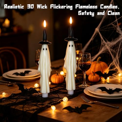 Image of Halloween Witch Flameless Taper Candles Battery Operated with 6H Timer, Set of 2 Real Wax 3D Wick Fickering Ghost LED Candlesticks Spooky Halloween Indoor Decor(0.79 inchD x 11.4 inchH)