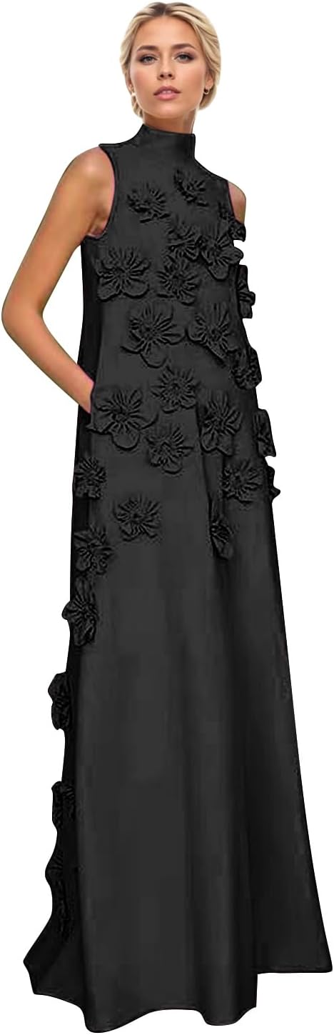 Womens High Neck Satin Mother of The Bride Dresses 3D Floral Formal Party Gowns for Wedding Guest YDX-M105