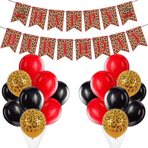 OWWOPATS Cheetah Cherry Birthday Decorations, Leopard Happy Birthday Banner with Red and Black Cheetah Print Balloons, Safari Animal Birthday Party Decor Sulpplies for Girls Women
