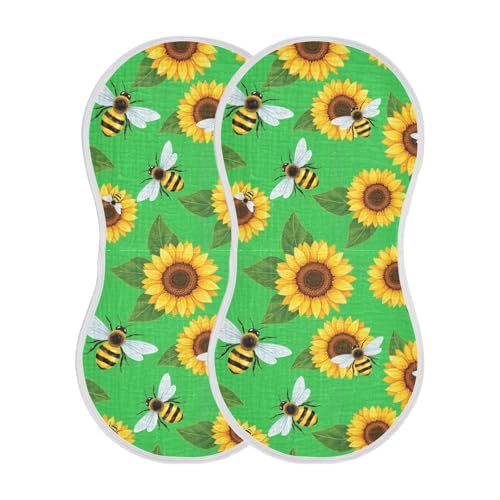 2 Pack Muslin Burp Cloths Sunflowers Bee Green Cotton Baby Burp Cloths Extra Absorbent and Soft Burping Cloth for Newborn Babies, Large 22