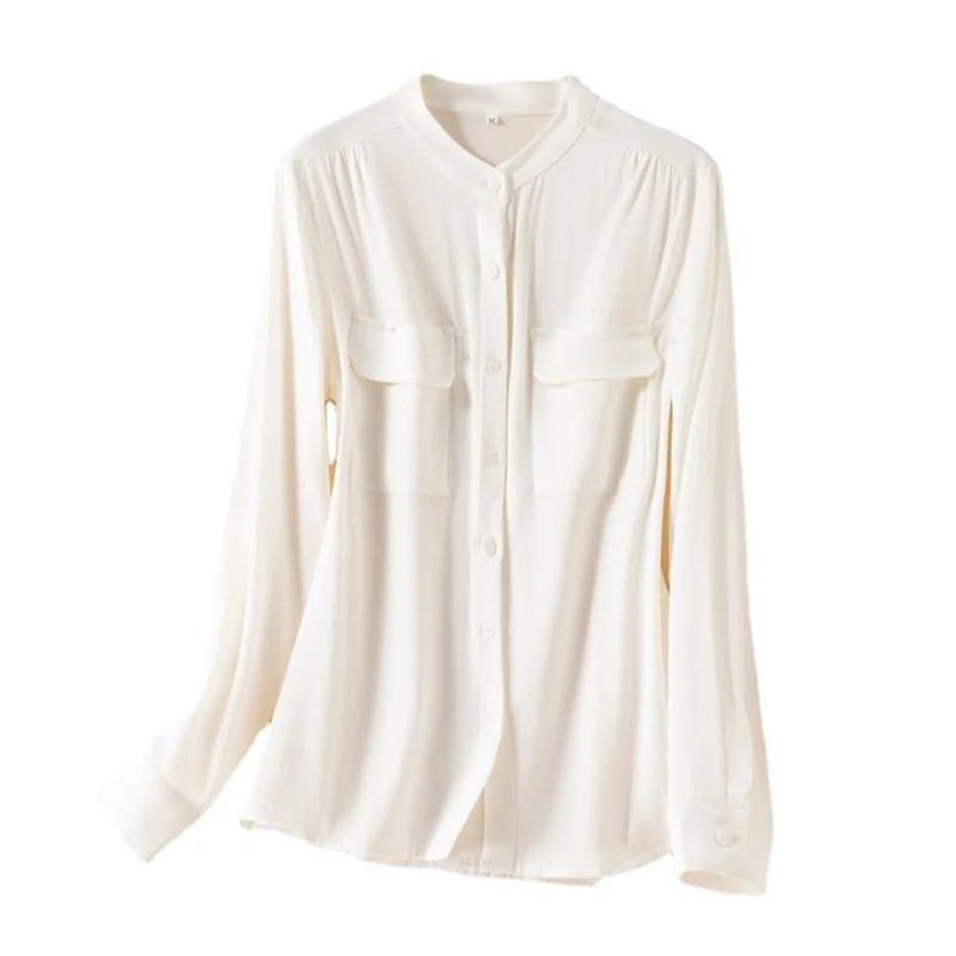 Stile delle donne Temperamento Piccolo Stand Neck Camicia di seta Manica Lunga Design Pocket Seta Loose Top