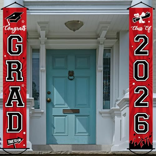 Image of Graduation Banner 2026 Graduation Decorations Red and Black Grad Banner Porch Sign Class of 2026 Door Decor Congrats Hanging Backdrop Red Black Grad Party Decor for School Congratulations Supplies