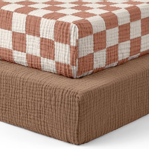 Image of Blissful Diary Muslin Crib Sheets for Girl Boy, Boho Neutral Soft Cotton Baby Sheet for 52''x28'' Standard Crib Mattress, 2 Pack(Brown Checkboard & Brown)