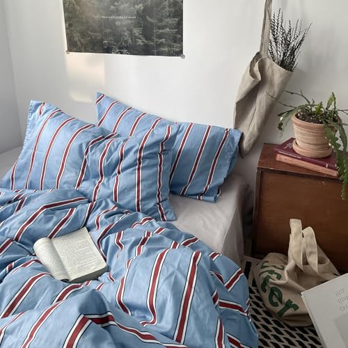 Image of mixinni Vintage Striped Blue Duvet Cover Full - 100% Cotton Red Stripes 3-Piece Bedding Duvet Cover Set with Zipper Closure, Soft & Breathable Retro Design for All Seasons (Full Size)