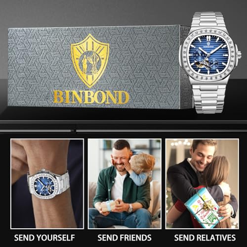 Image of BINBOND Silver Watch for Men Blue Dial Analog Quartz Stainless Steel Men Wrist Watch Diamond Day Date Luminous Mens Watches Large Wrist Classic Water Resistant Gift for Father&Husband&Friend