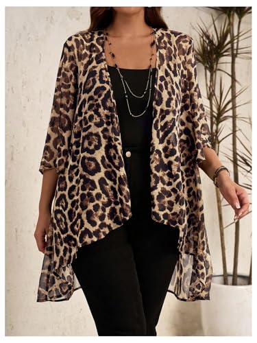OYOANGLE Women's Plus Size Cheetah Print Kimono Cardigan Open Front Asymmetrical Hem Beach Cover Up2