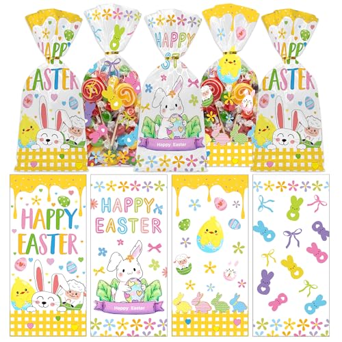TAKEALOOKO 100 Pcs Easter Goodie Bags, Happy Easter Cellophane Plastic Bags for Candy Snacks Cookies, Cute Bunny Egg Spring Party Gifts Decorations for Classroom Table Supplies