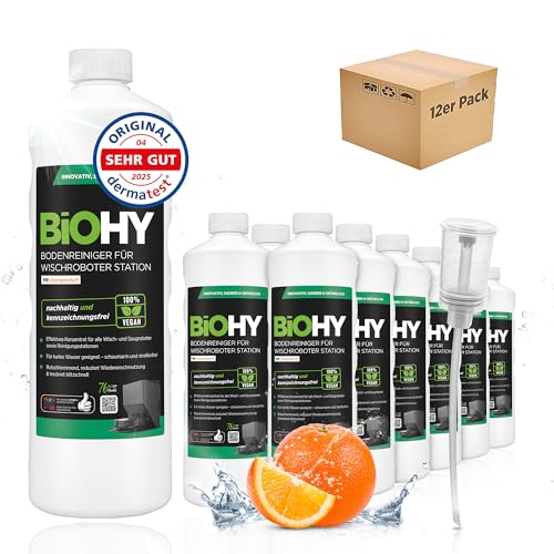 BiOHY Bodenreiniger für Wischroboter Station mit Orangenduft (12 x 1 Liter) + Dosierer | Reinigungsmittel Konzentrat für alle Wisch & Saugroboter mit Nass-Funktion | Schaumarm & Streifenfrei