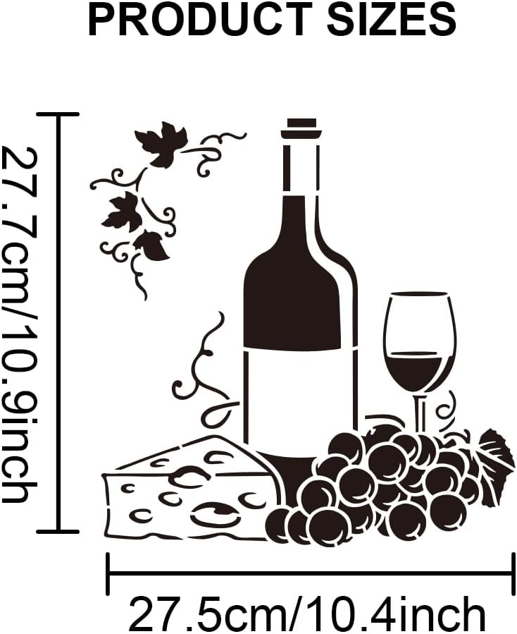 MAYJOYDIY Wine Grape Cheese Stencil 11.8×11.8inch Large Red Wine Bottles and Glasses Stencils with Paint Brush Reusable Grape Leaf Vine Drawing Template for Craft Furniture Fabric Wall