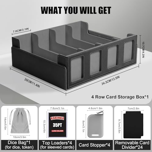Image of Kabinka Trading Card Storage Box with Commander Display, 4-Row Deck Case with Removable Lid; 2400+ Card Deck Box for MTG TCG Sports Card, 4 Top Loaders, 4 Stoppers, 24 Dividers,1 Dice Bag (Black)