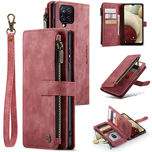 CaseMe Samsung Galaxy A12 Wallet Phone Case,Retro Suede PU Leather Zipper Wallet Case with Magnetic Closure and 10 Card Slots Shockproof Protective Flip Cover for Samsung A12 4G Phone (Red)