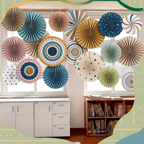 Image of 18 Pcs Boho Paper Fan Decorations Colorful Boho Hanging Paper Fans Round Garlands Bulletin Board Decor for Party Wedding Birthday Baby Shower Classroom Wall Decor