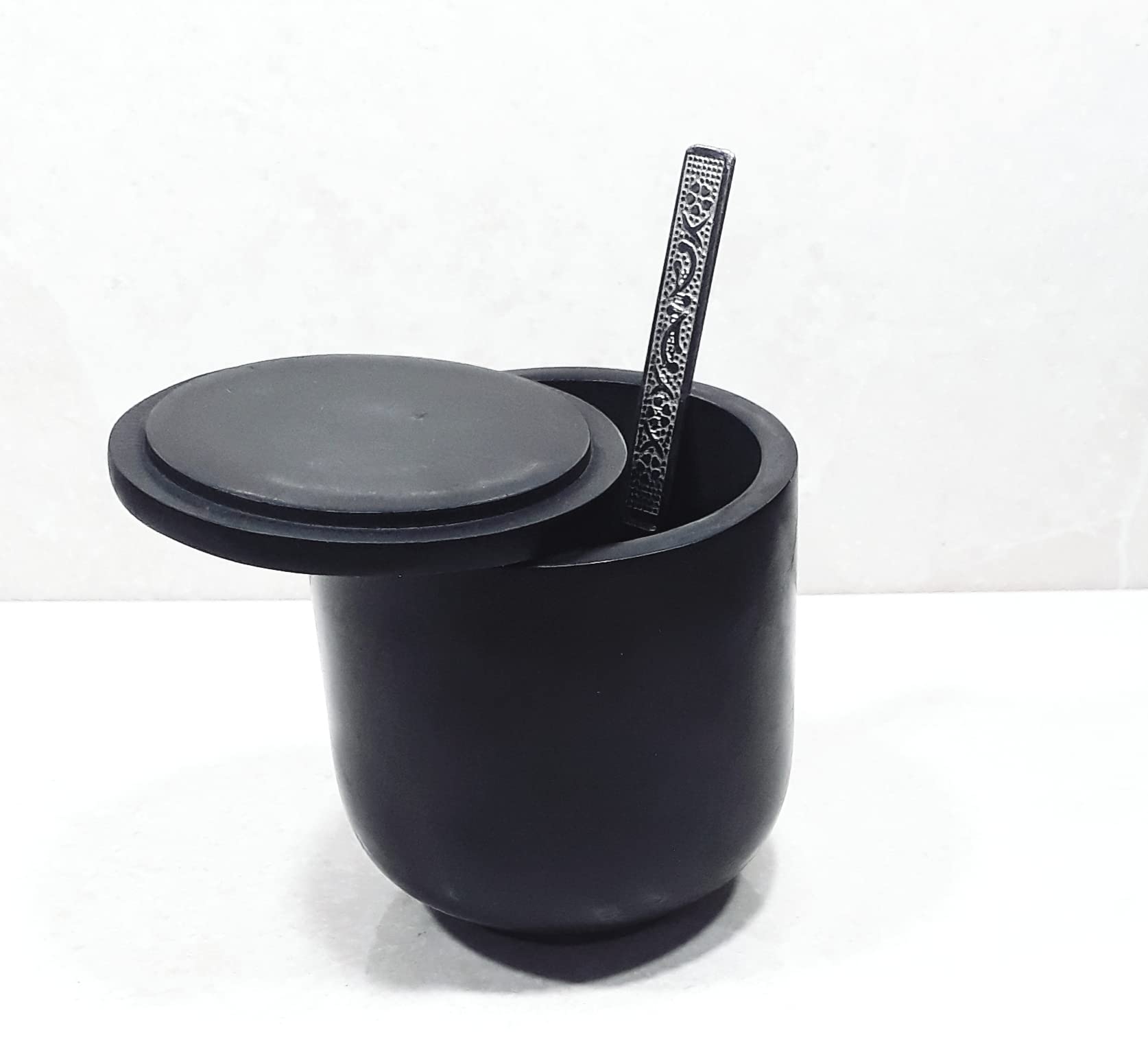 KRAFT CLOUDS Marble (Stone) Small Condiment Spice Keeper Jar Container Holder Bowl Pot Box | Salt & Pepper Cellar with Lid and 1 Stainless (SS) Steel Spoon | Kitchen Storage Accessory 8 cm Black