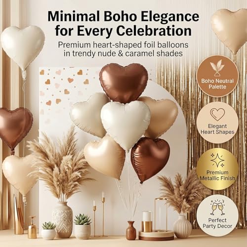 Image of Atpata Funky Boho Theme Foil Balloons - White Sand, Nude Cream, Tan Brown Caramel Shades - Stars and Hearts Shape - for Weddings, Birthdays, Baby Showers, and Party Decorations (6pcs, Hearts)