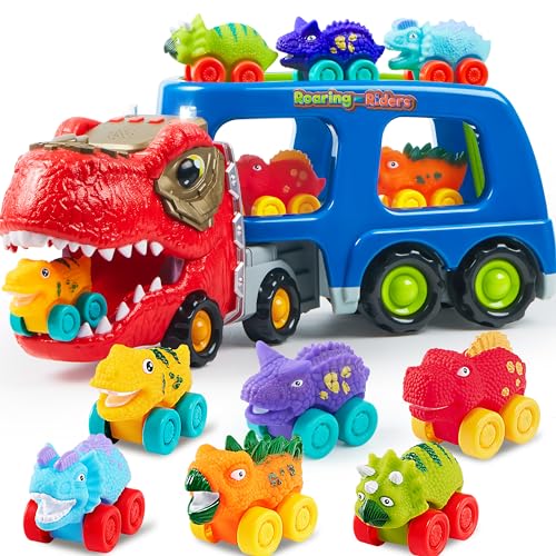 JOYIN Mini camião transportador de dinossauros com 6 veículos de brinquedo de borracha macia, com música e som forte, luzes intermitentes, presentes para meninos e meninas de 2 anos (azul)