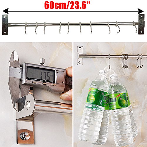 Kitchen Sliding Hooks, Stainless Steel Hanging Rack Rail Organize Kitchen Tools with 10 Utensil Removable S Hooks for Towel, Pot Pan, Spoon, Coats, Bathrobe, BBQ,Wall Mounted Hanger