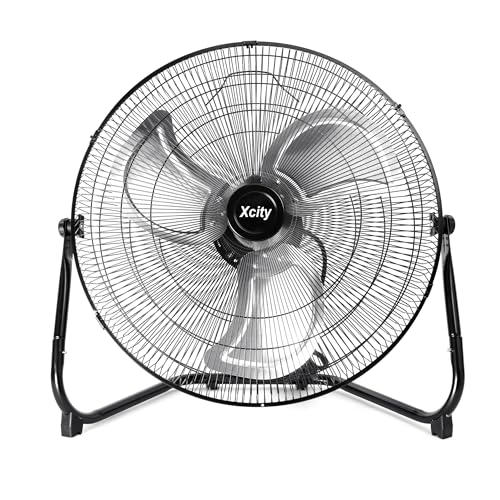 20 Inch Industrial Floor Fan, 3-speed High Velocity Heavy-Duty Standing Fan, 180°Adjustable Tilt, Metal Construction and Aluminum Blades for Warehouse, Workshop, Factory, Garage, Black