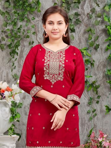 Image of Aarika Girls Dark Green Colour Zari Thread Sequin Embroidery Silk Kurti Pant Set