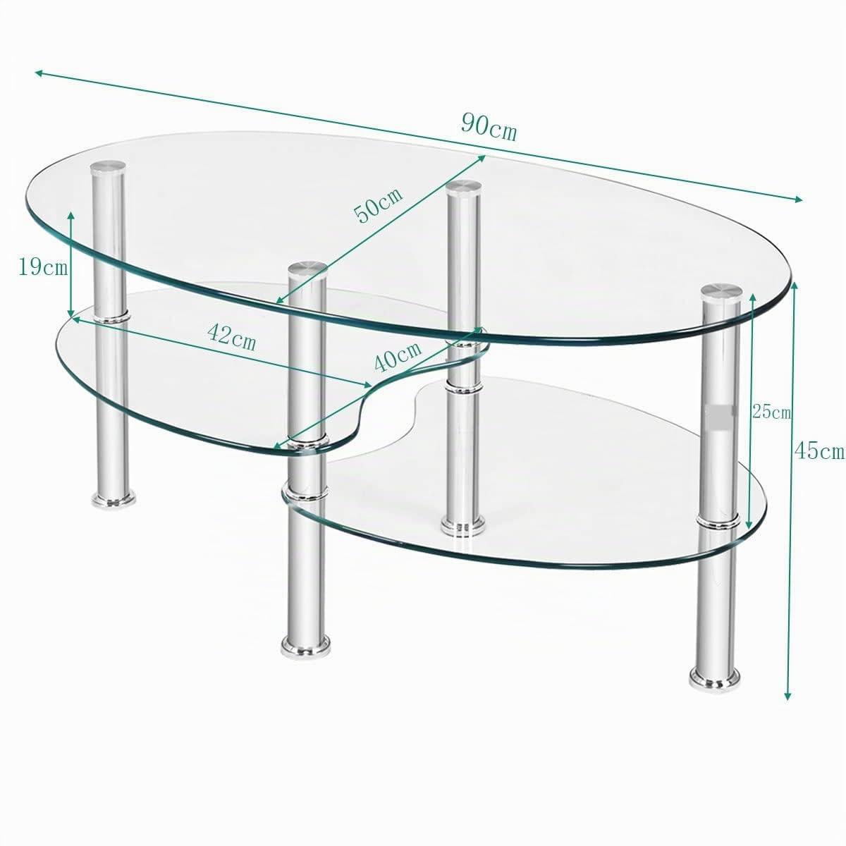 LIFEZEAL Tavolino da Salotto in Vetro Temperato, Tavolino Basso Ovale, Tavolino da Divano, Tavolino da Caffè, Telaio in Metallo, per Soggiorno, Max 70 kg, Montaggio Facile, Moderno, 90x50x45 cm