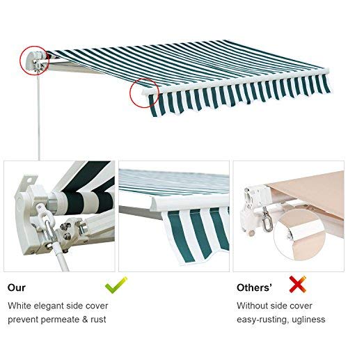 Diensweek Patio Awning Retractable 12'X10', Fully Assembled Manual Commercial Grade - Quality 100% 280G Ployester Window Door Sunshade Shelter - Deck Canopy Balcony P100 Series (Green/White Stripes) #TOP1