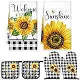Bencailor 6 Pieces Sunflower Kitchen Towel Pot Holders Oven Mitts Set Buffalo Plaid 2 Dish Towels 2 Farmhouse Cooking Mittens Oven Glove 2 Potholders for Cooking Baking Grilling Supply Accessories