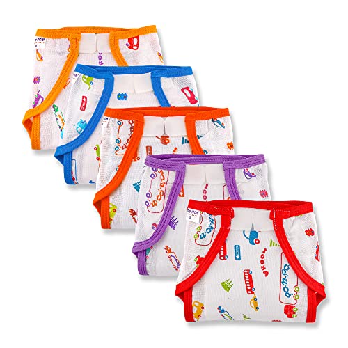 Image of Washable Reusable Printed Welcro Cotton Muslin Nappy, Langot For New Born Baby - Pack Of 5 (Traffic Print 3-6 Months)