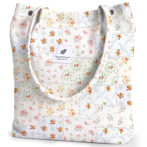 Image of Ayieyill Corduroy Tote Bag for Women Canvas Shoulder Cord Purse with Inner Pocket