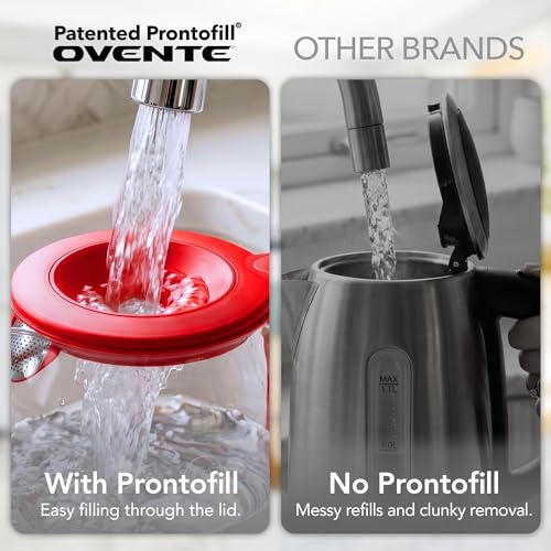 Image of OVENTE 1.5L Glass Electric Kettle Water Boiler, Red KG516R | 1500W Fast Boiling, Easy Fill Lid, Stainless Steel Filter, LED Indicator, Auto Shut-Off, Boil-Dry Protection, 360 Base